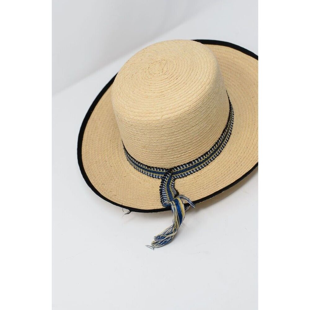 Gumarcaah Handwoven Palm Straw Hat With Black Trim & Blue Band Guatemala - Picture 2 of 5